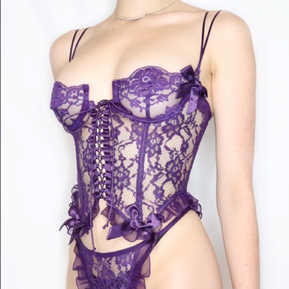 Vintage 80’s Mesh Lace Up Corset Royal Purple Bustier 34B - Picture 5 of 7